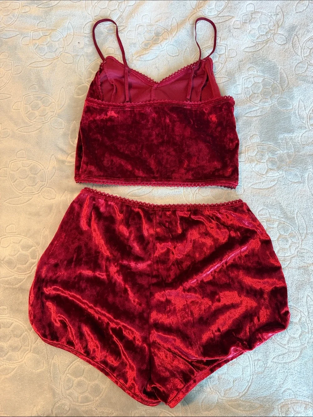 Fashion Nova Velvet Burgundy Two-Piece Sleep Set - Cropped Cami & Lounge Shorts